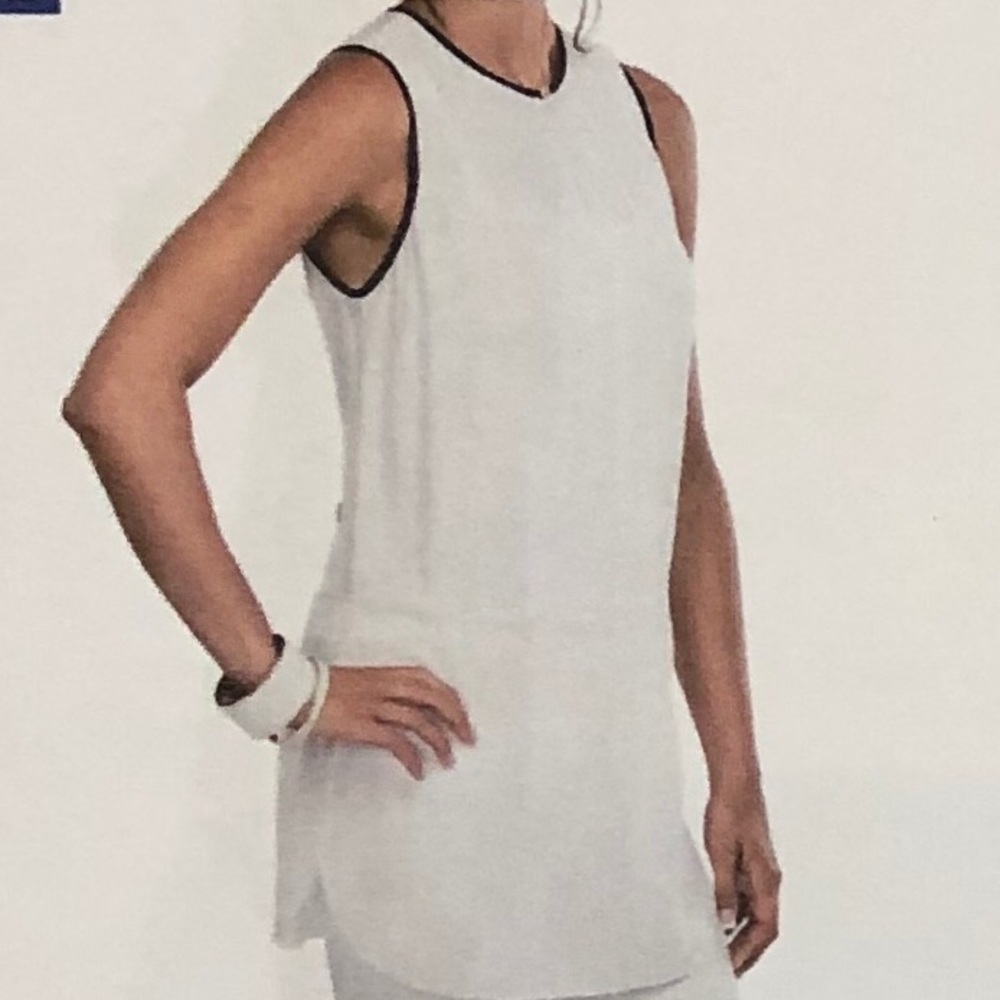 Washable silk top. White with navy trim.